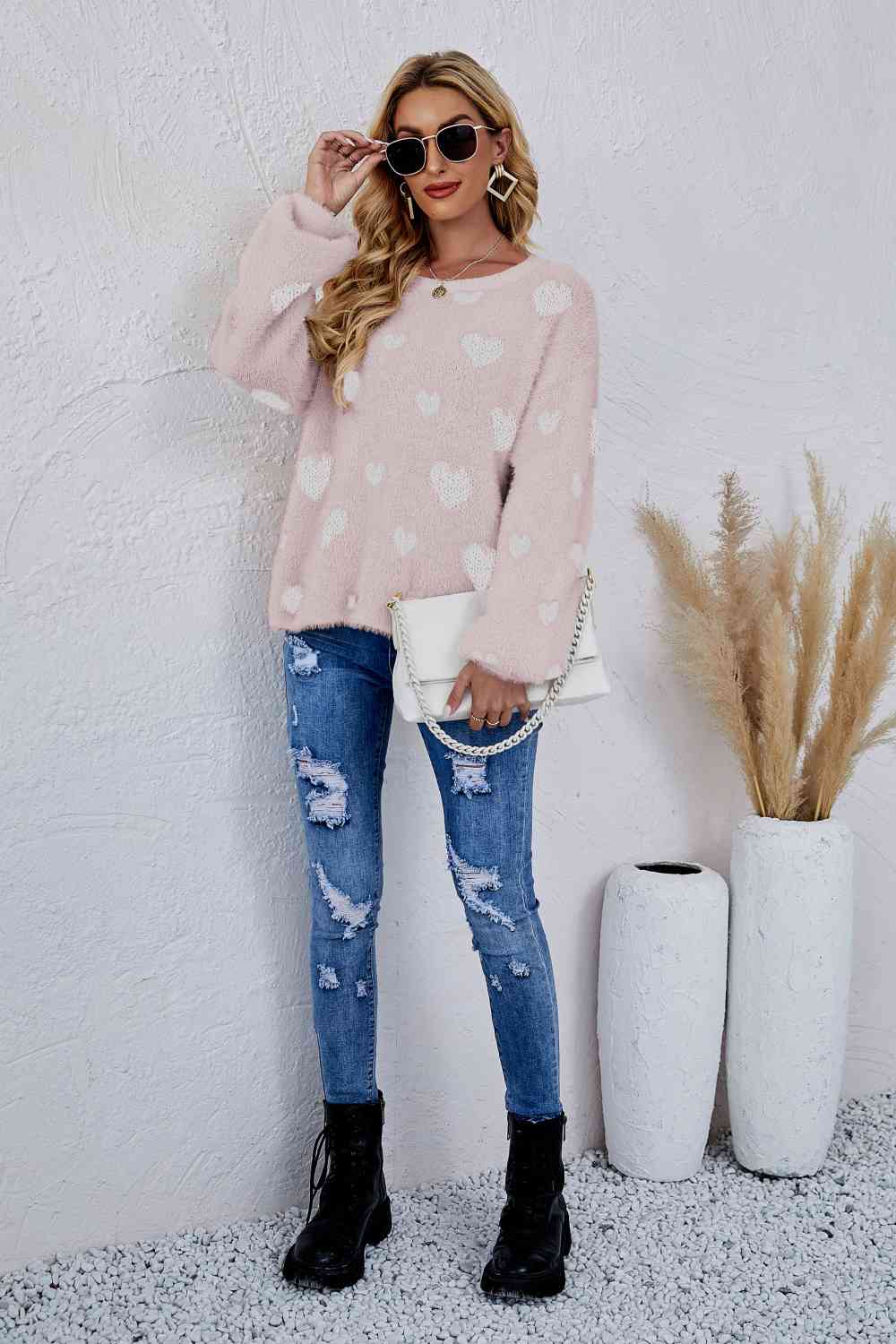 Woven Heart Print Fuzzy Crewneck Long Sleeve Top