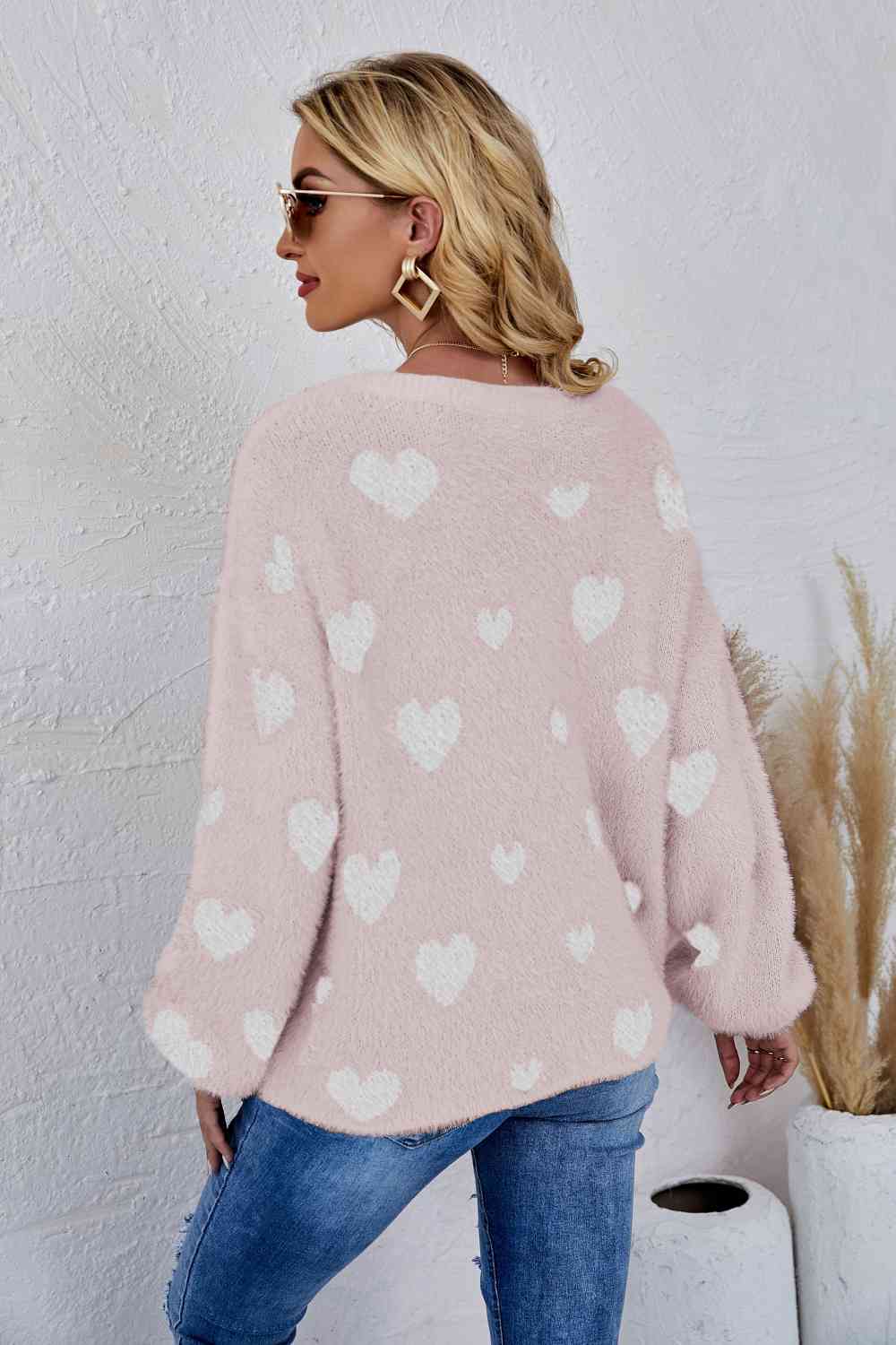 Woven Heart Print Fuzzy Crewneck Long Sleeve Top