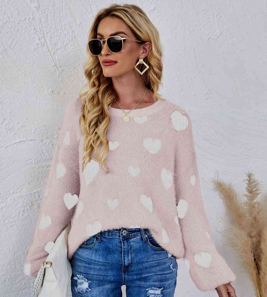 Woven Heart Print Fuzzy Crewneck Long Sleeve Top