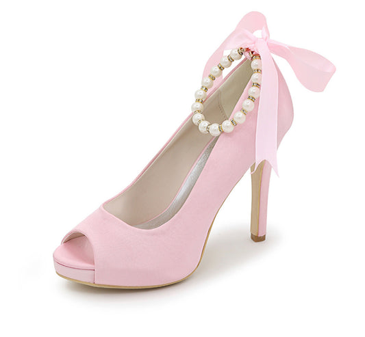 Lace Pearl Tie Pink Heels