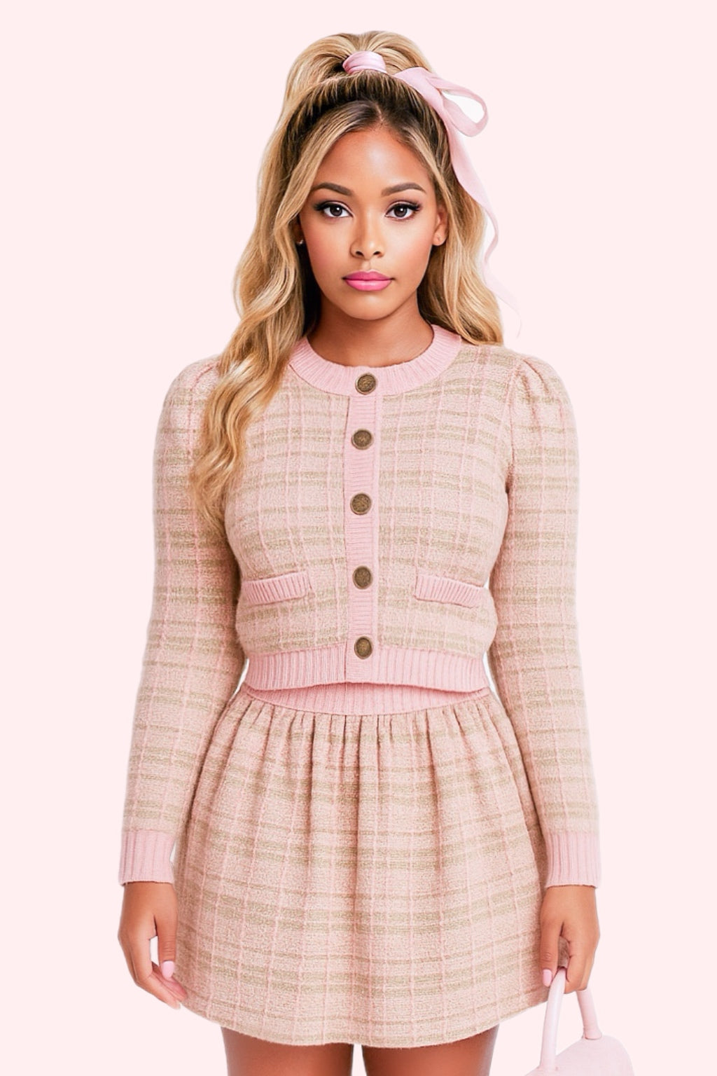 When In London Pink Tweed Skirt Set