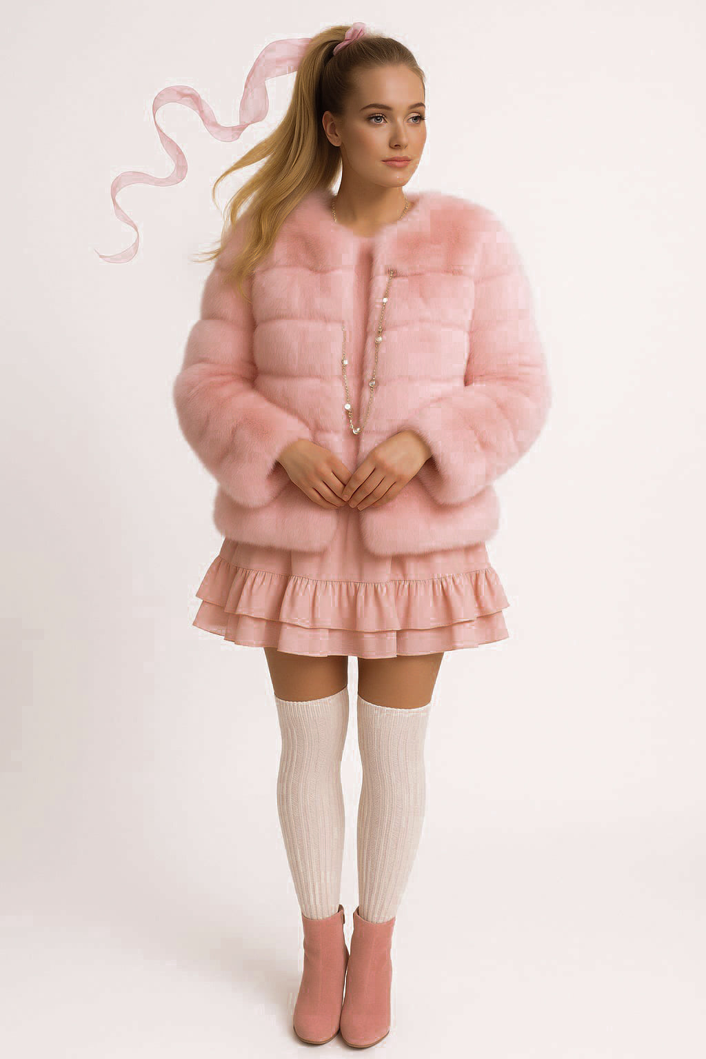 Baby pink faux fur coat